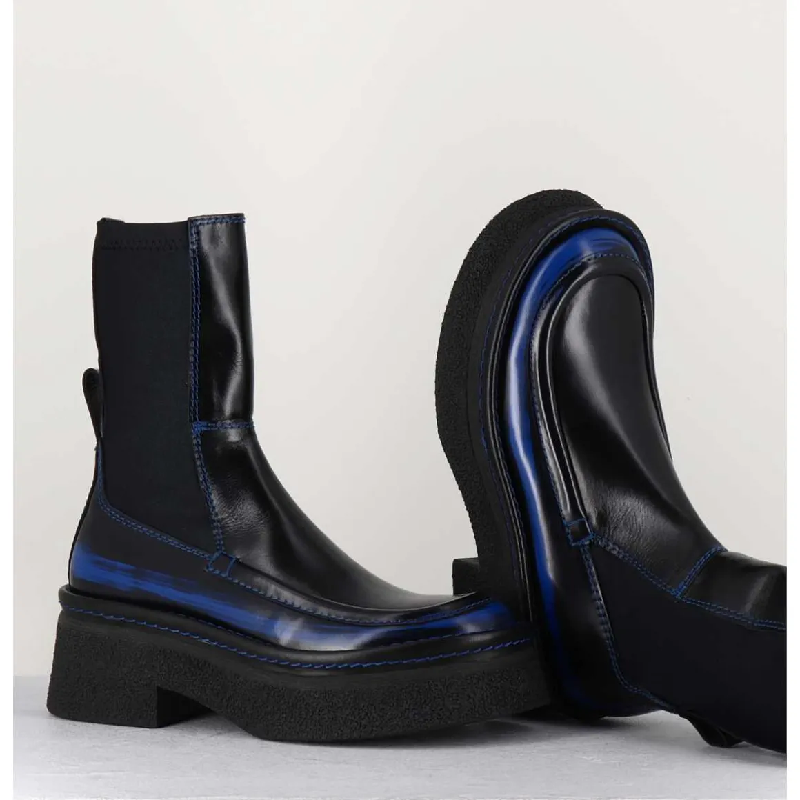 Boots Textile Stretch&Cuir Noir Brosse Bleu - Amarah Blue Boots