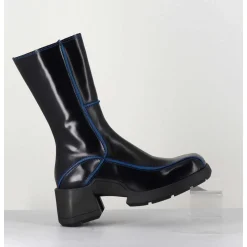 Boots Tige Haute En Cuir Lisse Noir Aux Bords Bleus - Mieko Blu Boots