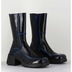 Boots Tige Haute En Cuir Lisse Noir Aux Bords Bleus - Mieko Blu Boots