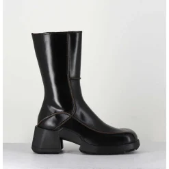 Boots Tige Haute En Cuir Lisse Noir Aux Bords Khaki - Mieko Black Boots