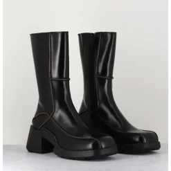 Boots Tige Haute En Cuir Lisse Noir Aux Bords Khaki - Mieko Black Boots