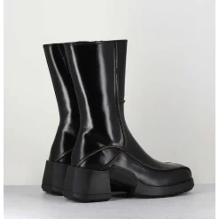 Boots Tige Haute En Cuir Lisse Noir Aux Bords Khaki - Mieko Black Boots