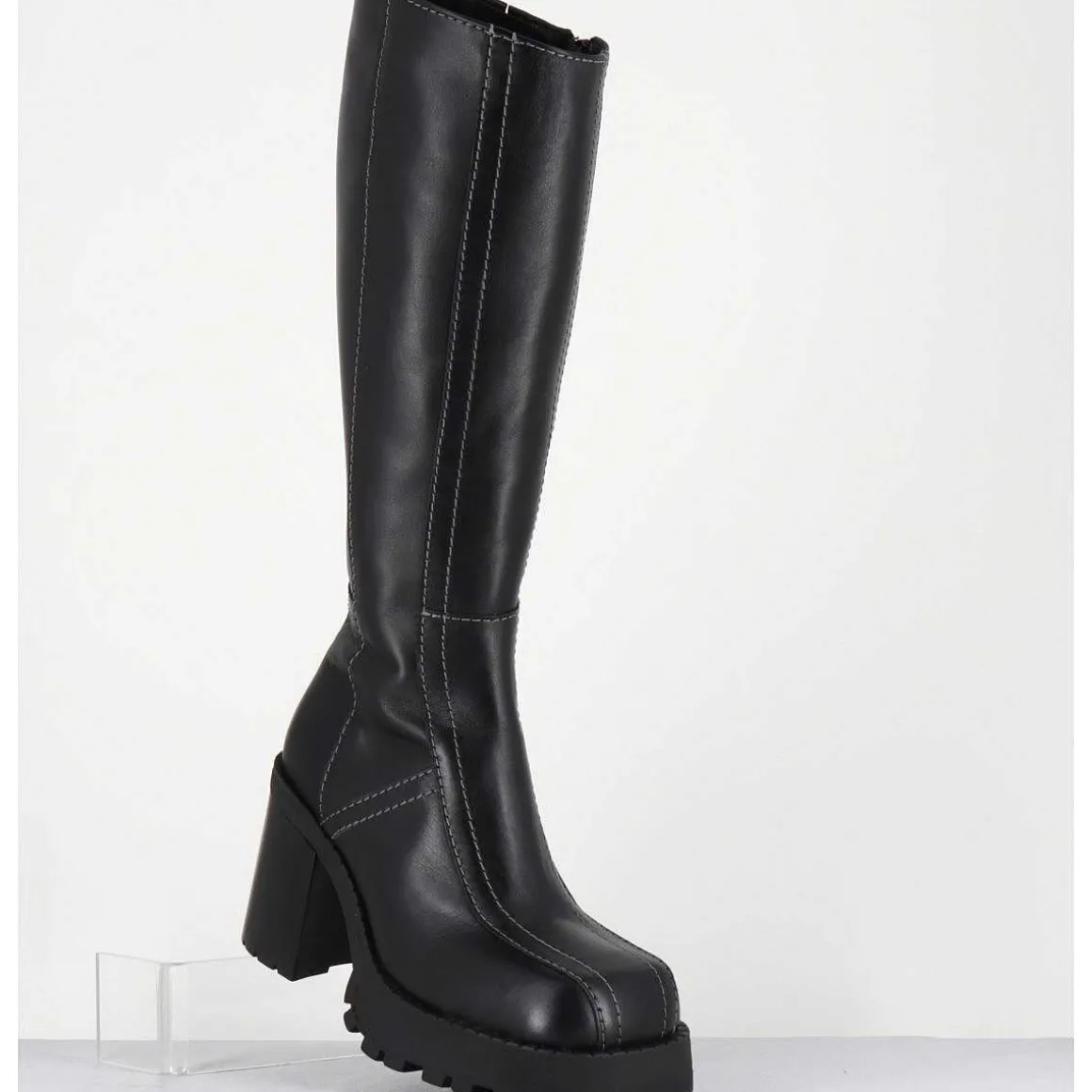 Bottes A Plateforme En Cuir Noir & Surpiqures Blanches 90S - Dulce Tal Boots
