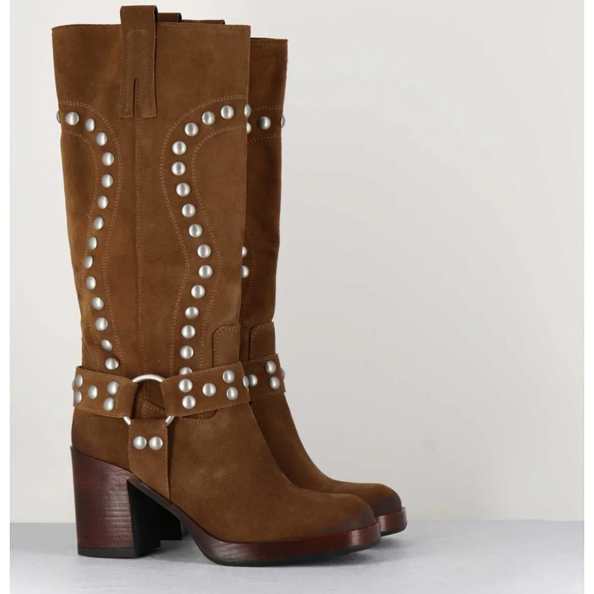 Bottes Bikers Daim Camel & Clous - Volta Velour Cuoio