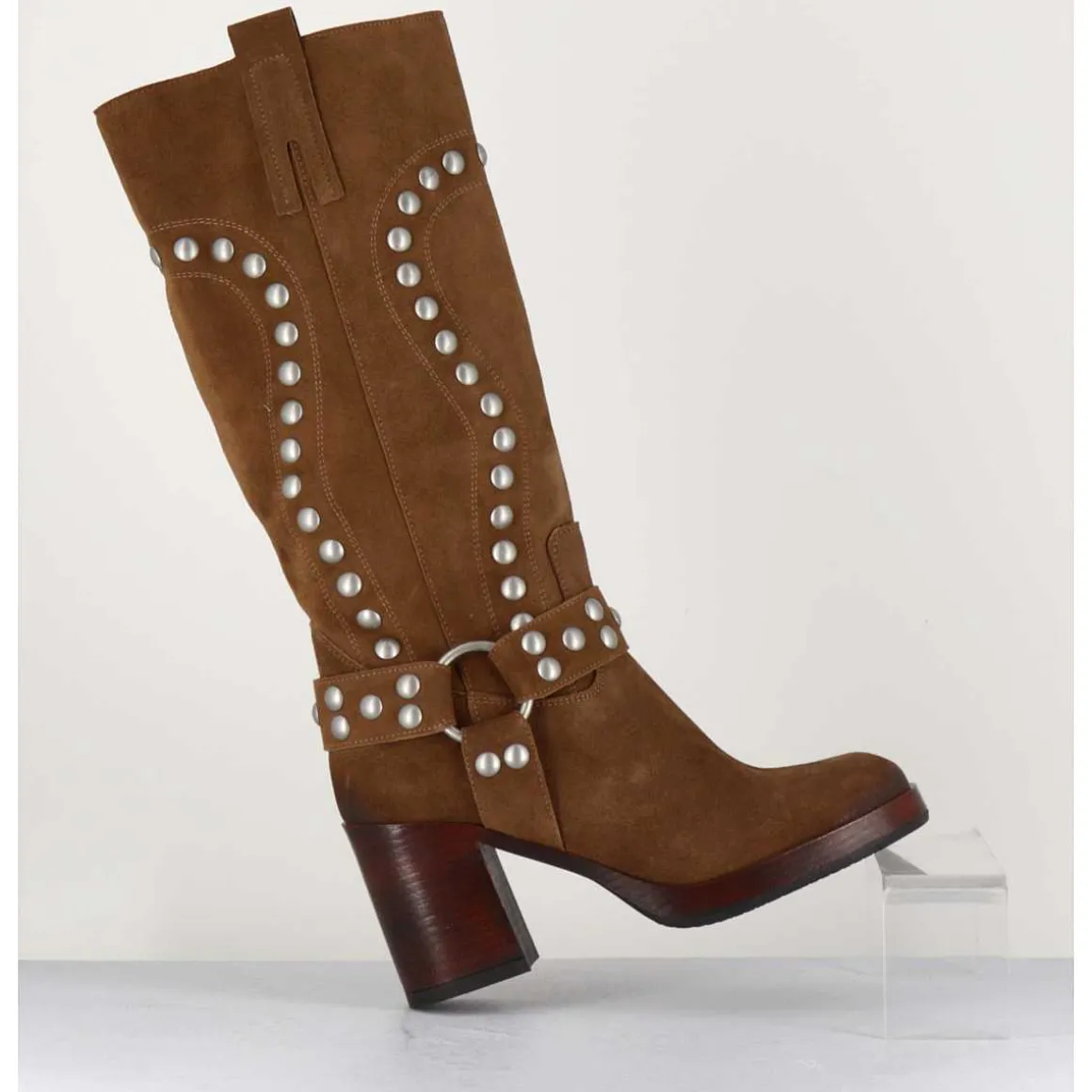 Bottes Bikers Daim Camel & Clous - Volta Velour Cuoio