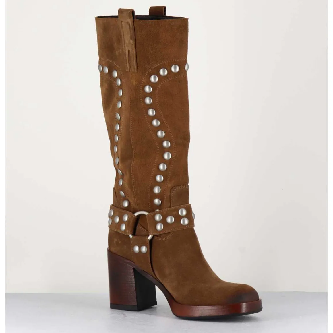 Bottes Bikers Daim Camel & Clous - Volta Velour Cuoio