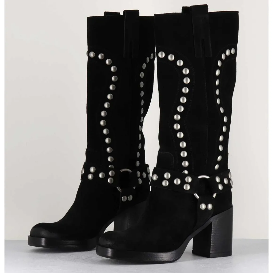 Bottes Bikers Daim Noir & Clous - Volta Velour Black