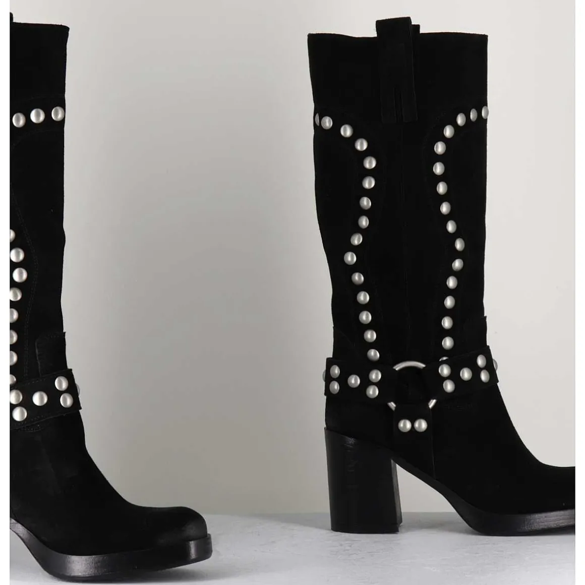 Bottes Bikers Daim Noir & Clous - Volta Velour Black