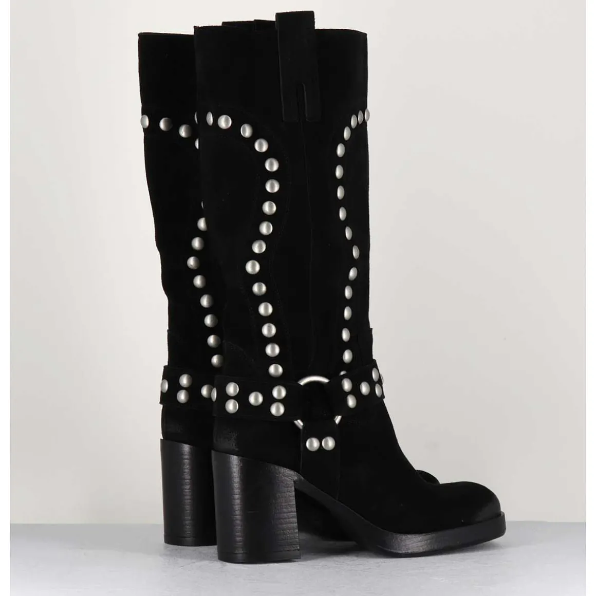 Bottes Bikers Daim Noir & Clous - Volta Velour Black