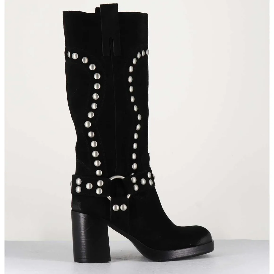 Bottes Bikers Daim Noir & Clous - Volta Velour Black