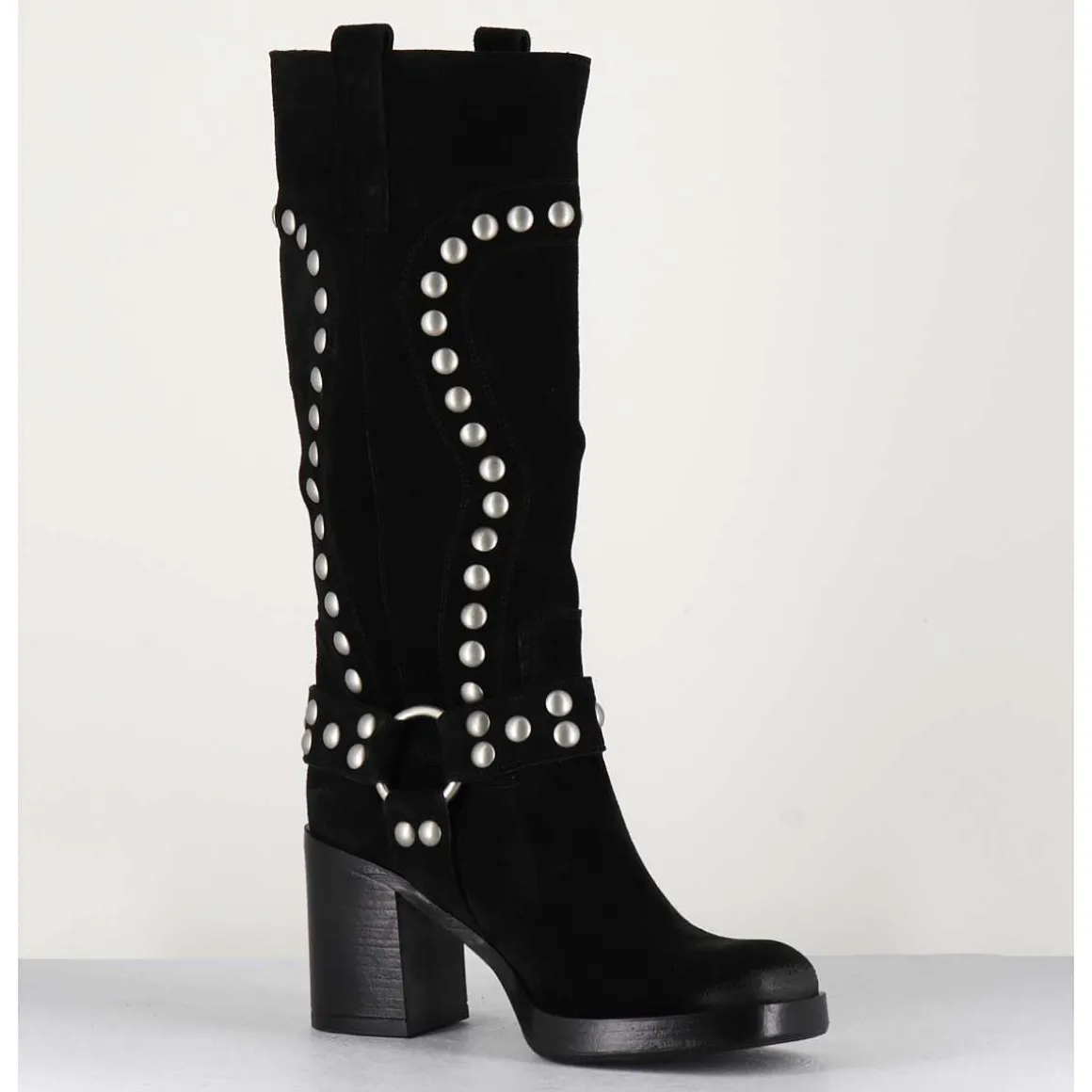 Bottes Bikers Daim Noir & Clous - Volta Velour Black