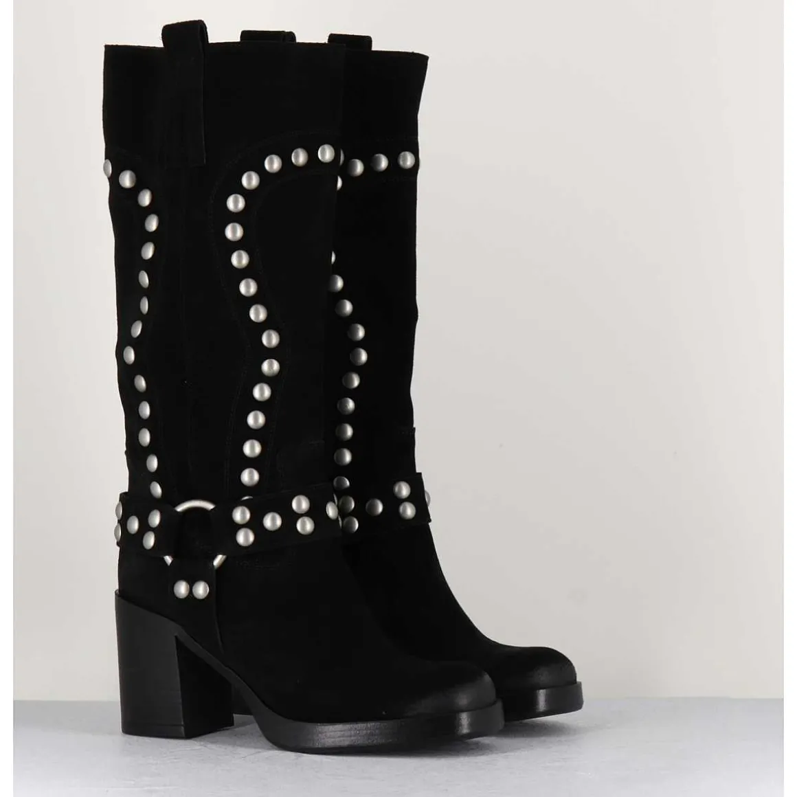 Bottes Bikers Daim Noir & Clous - Volta Velour Black