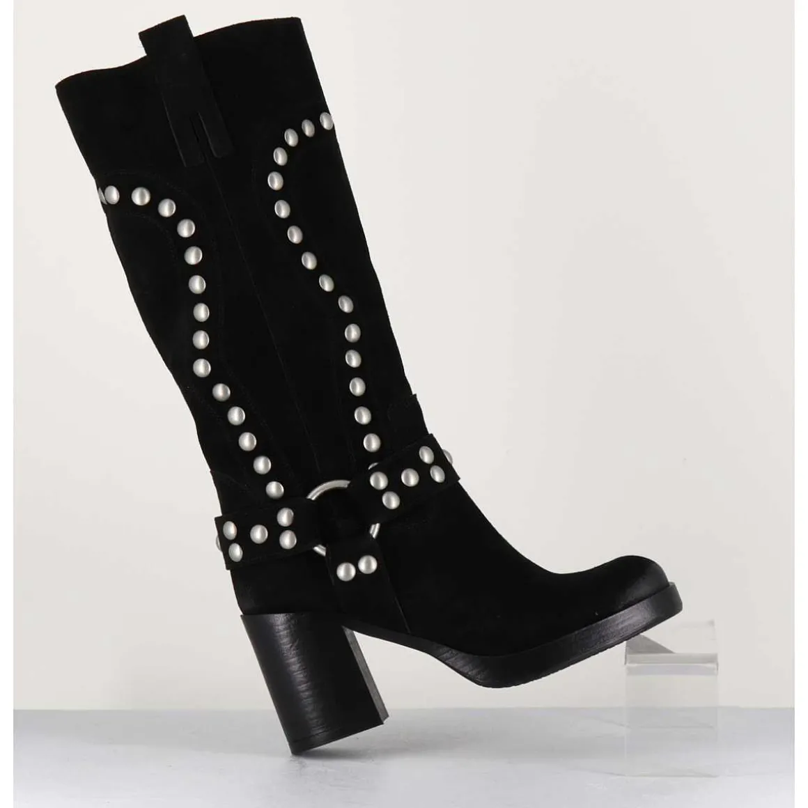 Bottes Bikers Daim Noir & Clous - Volta Velour Black