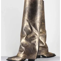 Bottes Santiag A Guetre En Cuir Dore Patine Noir - E3868 Mister Oro