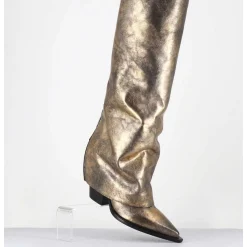 Bottes Santiag A Guetre En Cuir Dore Patine Noir - E3868 Mister Oro