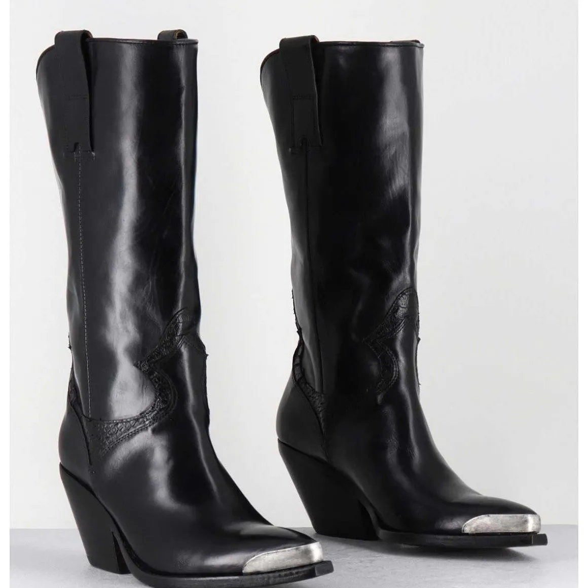 Bottes Santiags En Cuir Noir Serpent & Bout Metal - 4912 Diver Nero