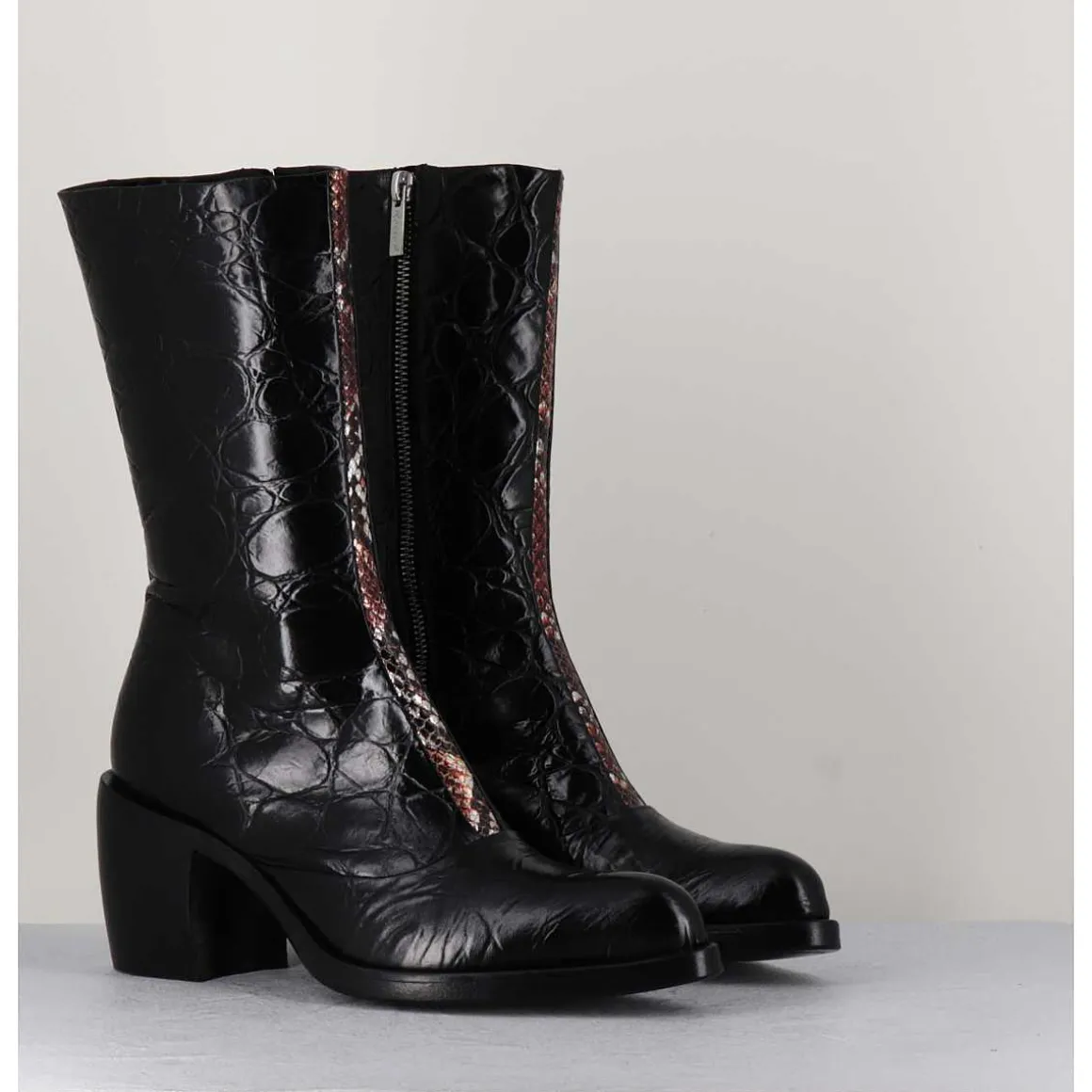 Bottines Esprit Santiags En Cuir Naplak Noir Impression Croco - 15617 Birmania Nero