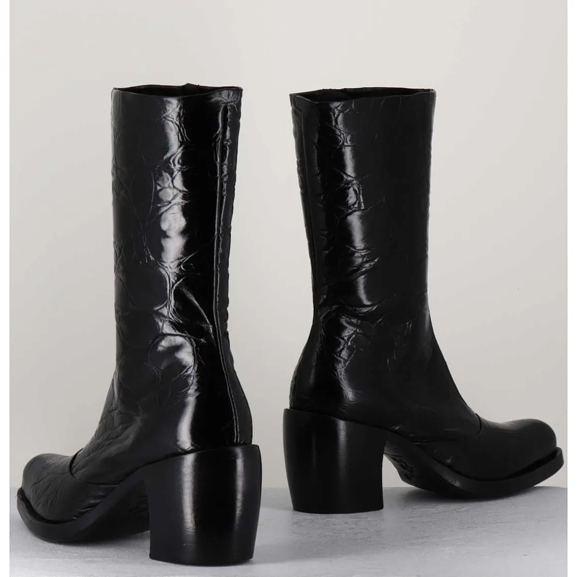 Bottines Esprit Santiags En Cuir Naplak Noir Impression Croco - 15617 Birmania Nero