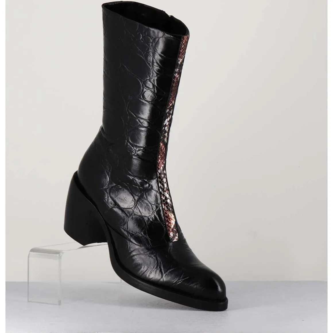 Bottines Esprit Santiags En Cuir Naplak Noir Impression Croco - 15617 Birmania Nero
