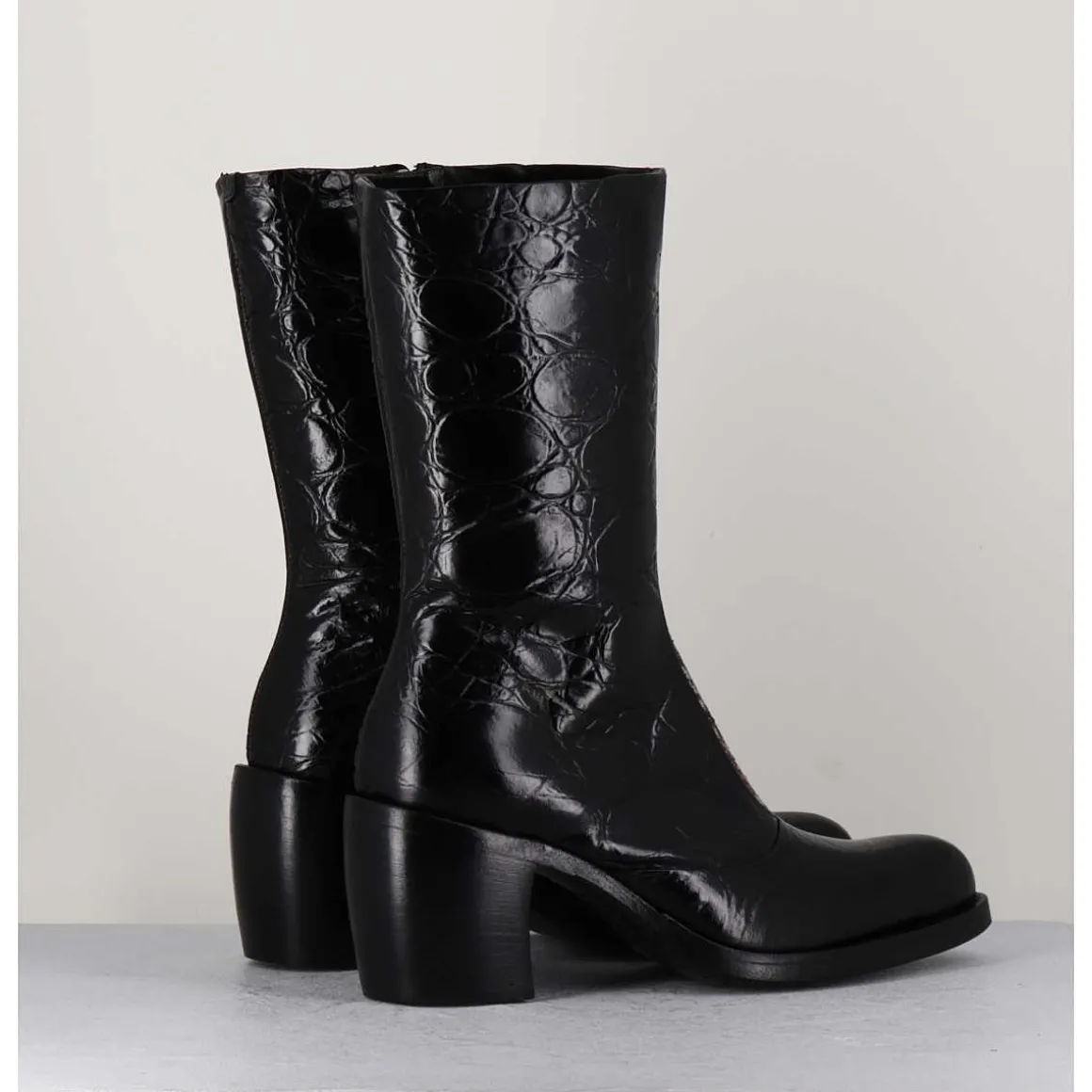 Bottines Esprit Santiags En Cuir Naplak Noir Impression Croco - 15617 Birmania Nero