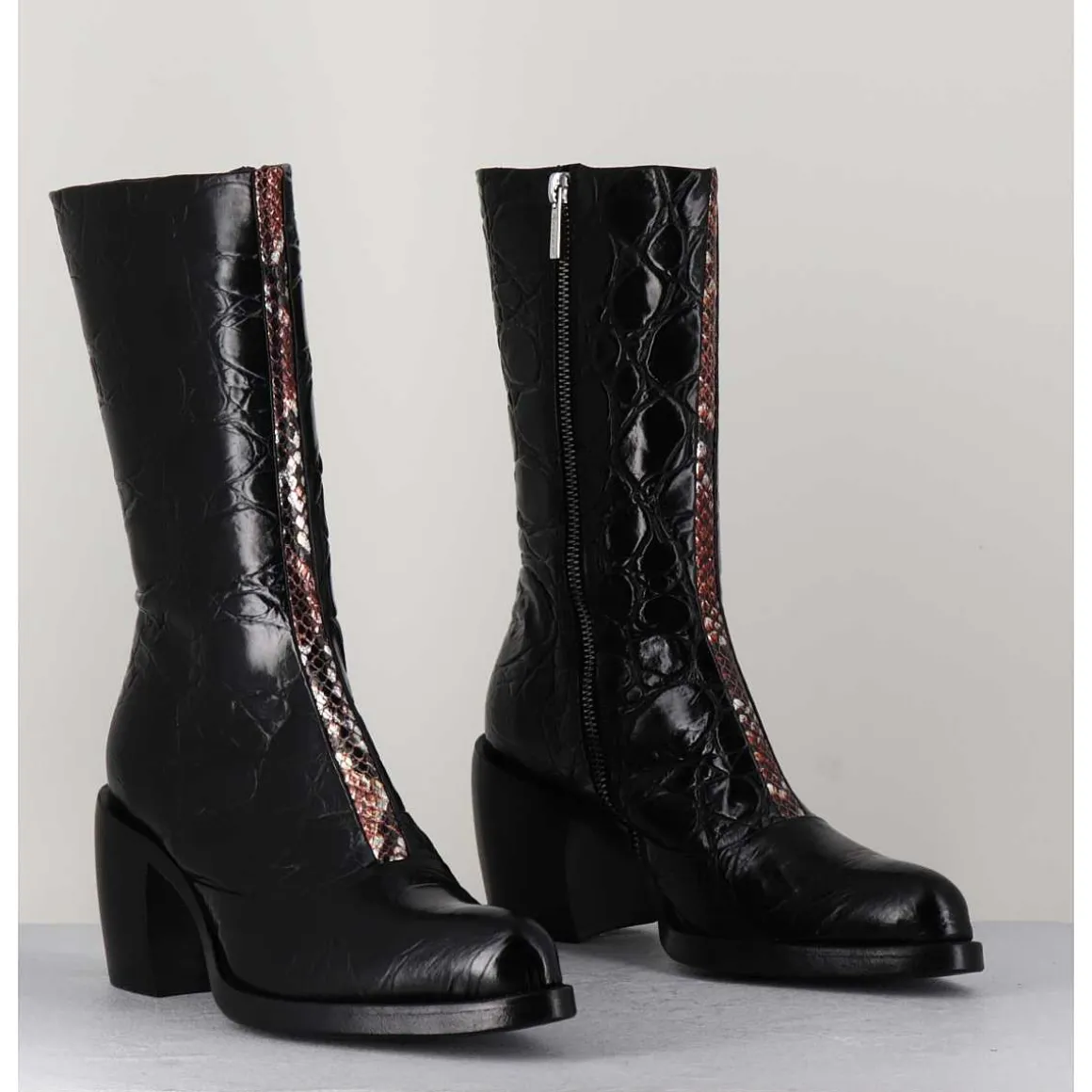 Bottines Esprit Santiags En Cuir Naplak Noir Impression Croco - 15617 Birmania Nero