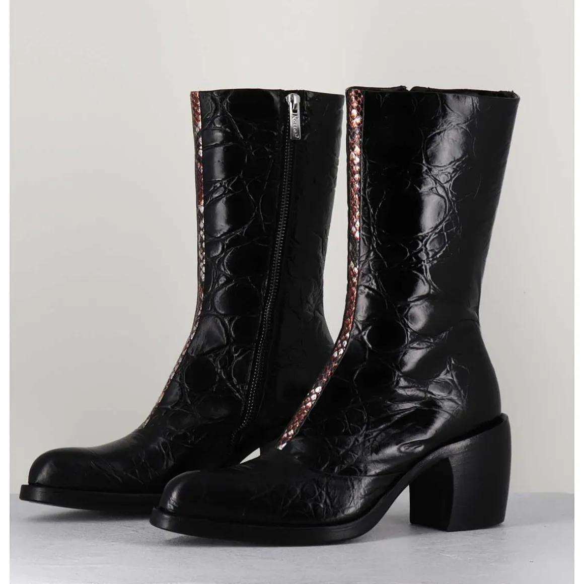 Bottines Esprit Santiags En Cuir Naplak Noir Impression Croco - 15617 Birmania Nero