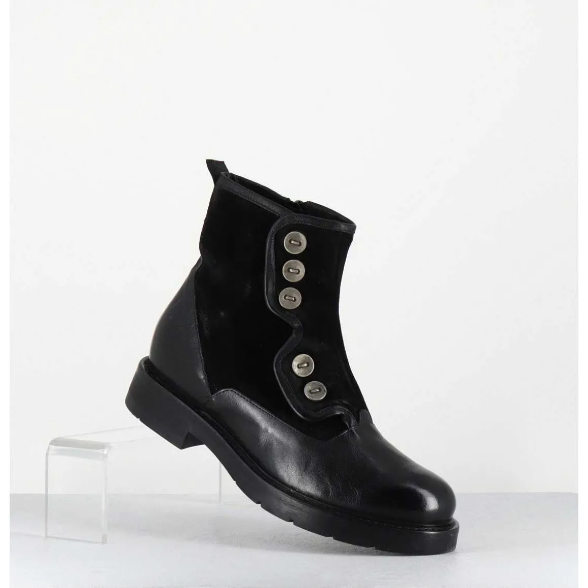 Bottines Plates A Boutons En Cuir Noir - Laco Carly Nero