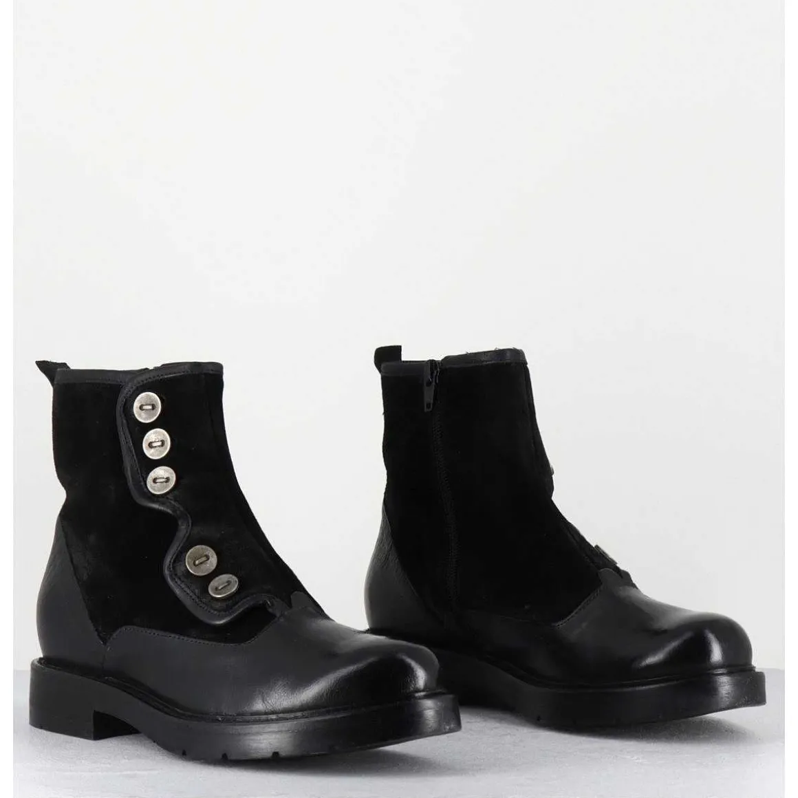 Bottines Plates A Boutons En Cuir Noir - Laco Carly Nero