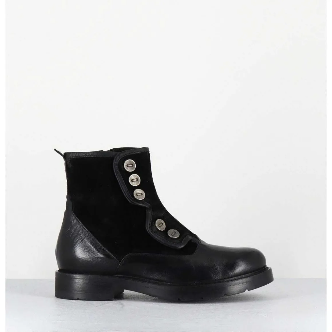 Bottines Plates A Boutons En Cuir Noir - Laco Carly Nero