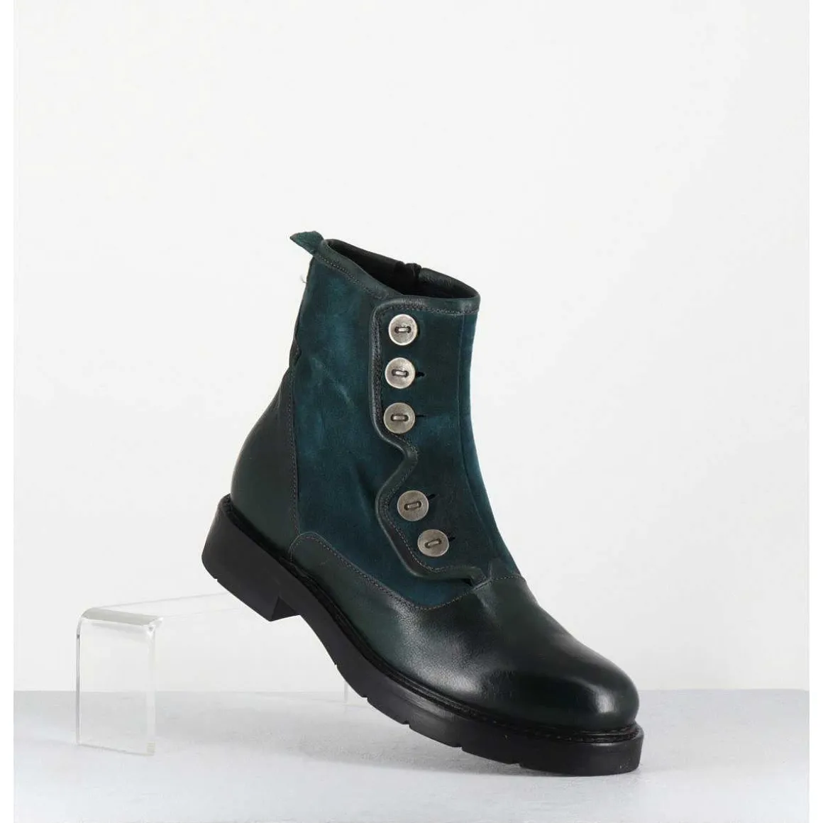 Bottines Plates A Boutons En Cuir Vert & Bleu - Laco Carly Petrolio
