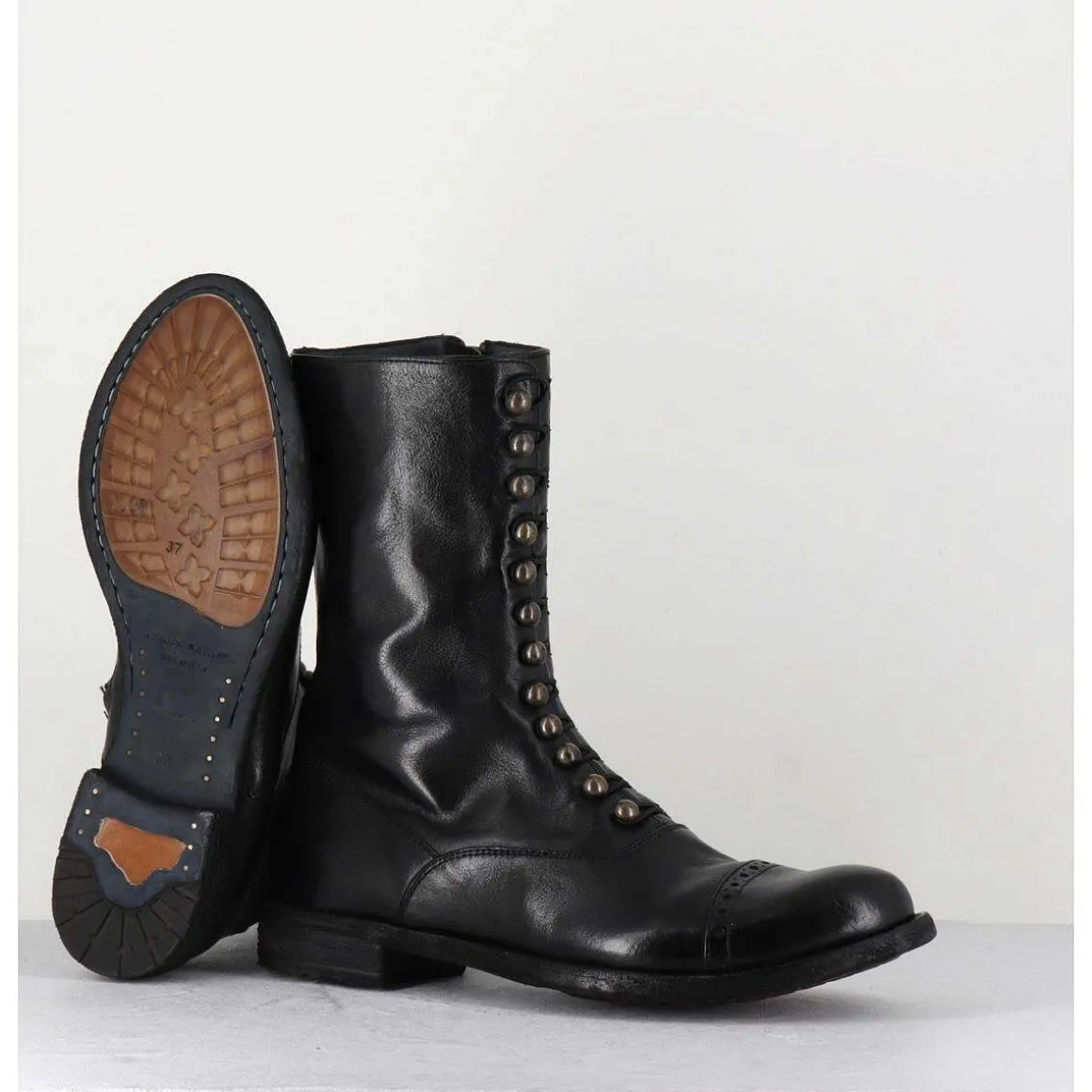 Bottines Tige Haute En Cuir Noir A Boutons - Lexikon101 Nero