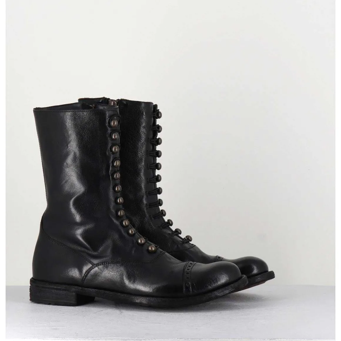 Bottines Tige Haute En Cuir Noir A Boutons - Lexikon101 Nero