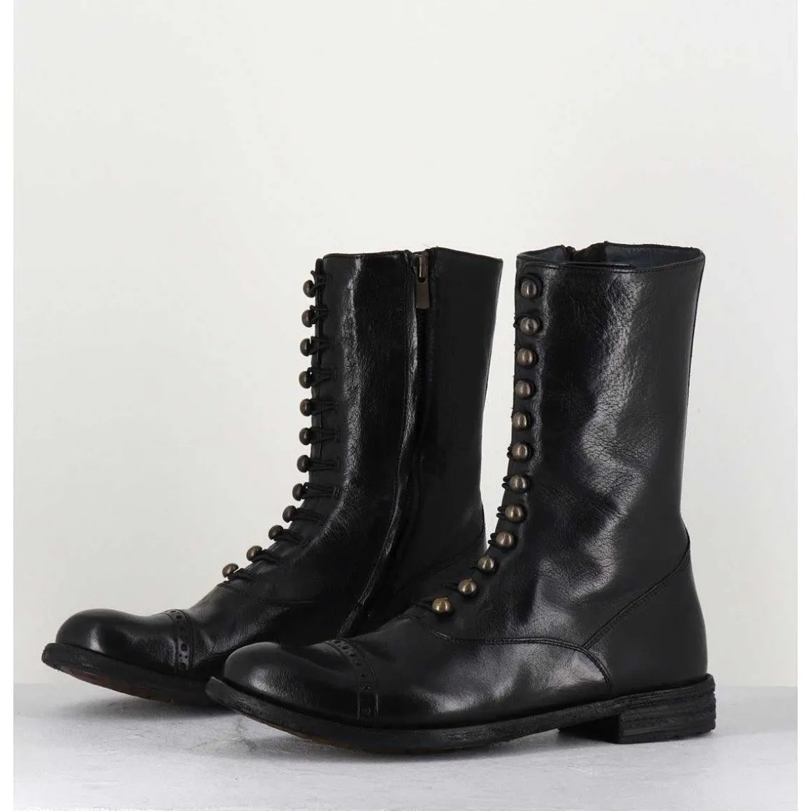 Bottines Tige Haute En Cuir Noir A Boutons - Lexikon101 Nero