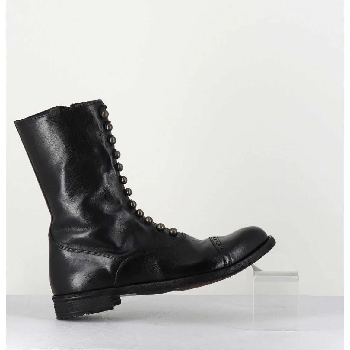 Bottines Tige Haute En Cuir Noir A Boutons - Lexikon101 Nero