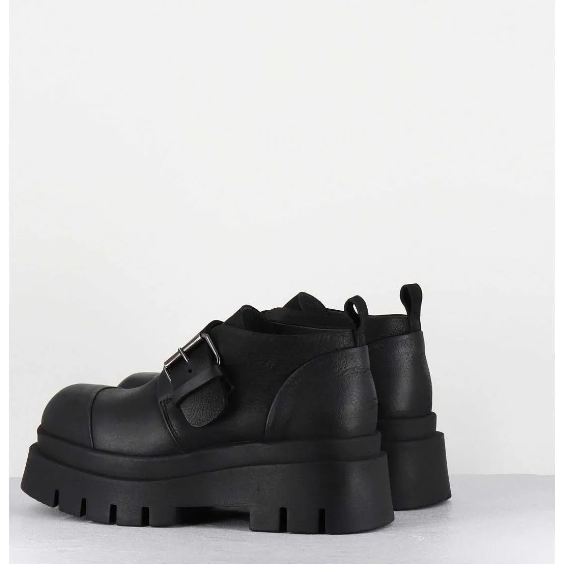 Chaussures A Boucle Reglable En Cuir Noir Semelle Epaisse - 4005 Gas Nero
