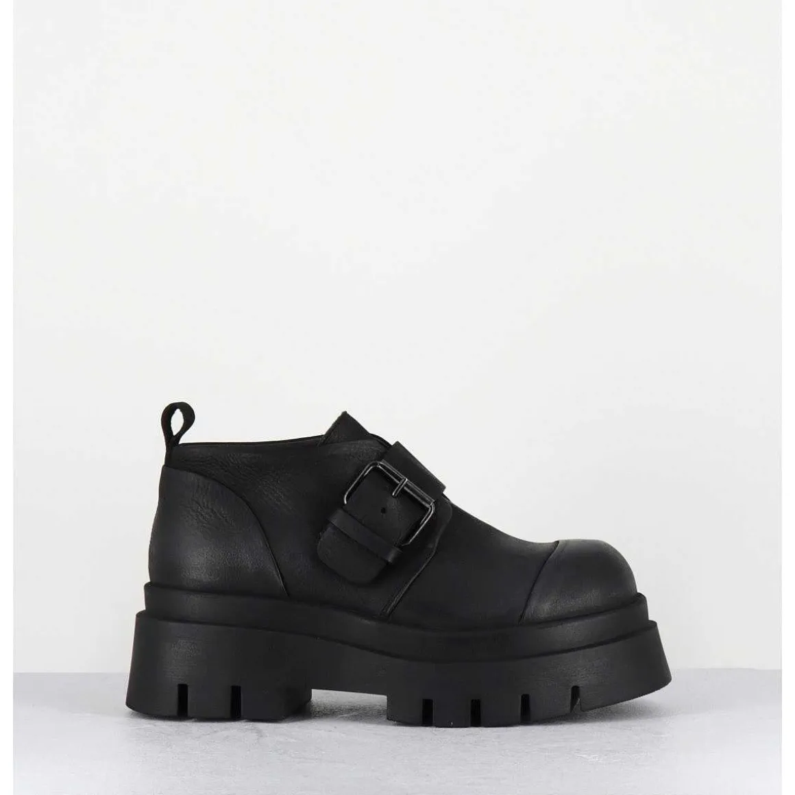Chaussures A Boucle Reglable En Cuir Noir Semelle Epaisse - 4005 Gas Nero