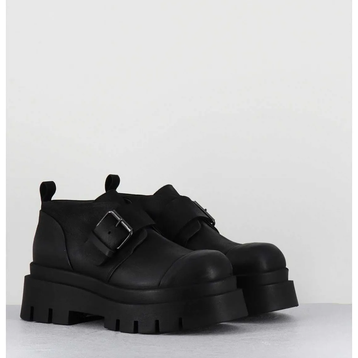 Chaussures A Boucle Reglable En Cuir Noir Semelle Epaisse - 4005 Gas Nero