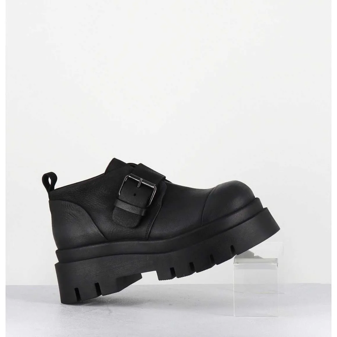 Chaussures A Boucle Reglable En Cuir Noir Semelle Epaisse - 4005 Gas Nero