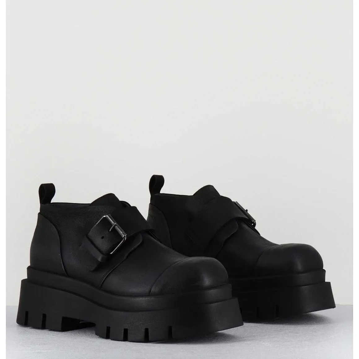 Chaussures A Boucle Reglable En Cuir Noir Semelle Epaisse - 4005 Gas Nero