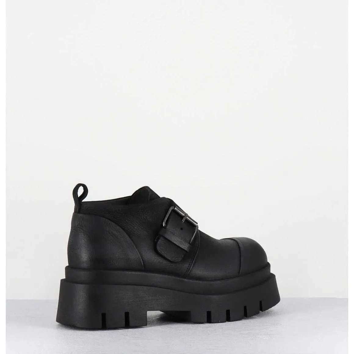 Chaussures A Boucle Reglable En Cuir Noir Semelle Epaisse - 4005 Gas Nero