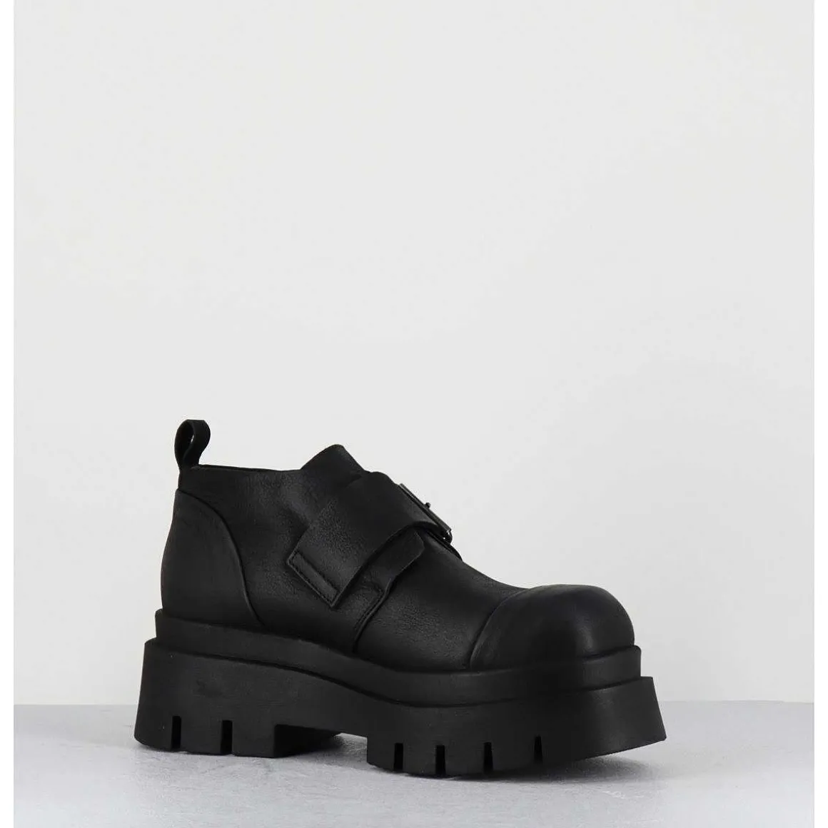 Chaussures A Boucle Reglable En Cuir Noir Semelle Epaisse - 4005 Gas Nero