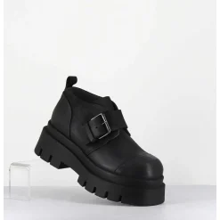Chaussures A Boucle Reglable En Cuir Noir Semelle Epaisse - 4005 Gas Nero