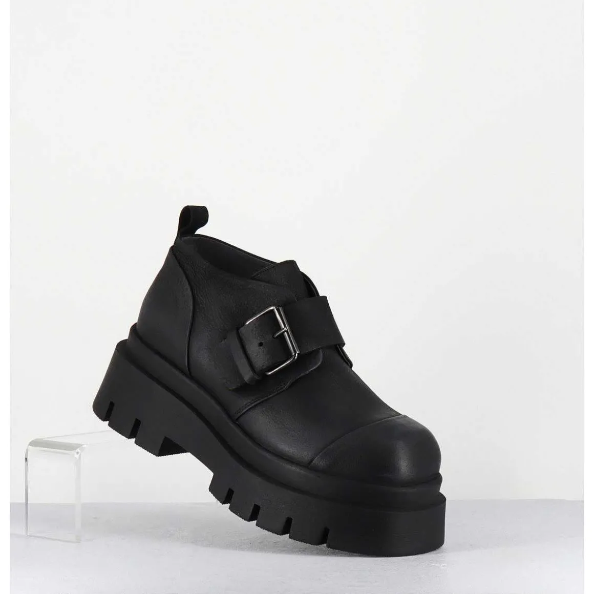 Chaussures A Boucle Reglable En Cuir Noir Semelle Epaisse - 4005 Gas Nero