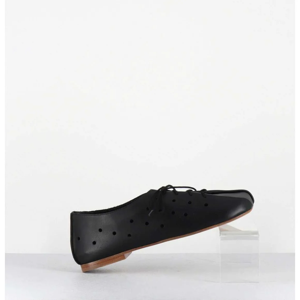 Chaussures Minimalistes A Lacets En Cuir Noir Perfore - Ab4651 Nappato Nero