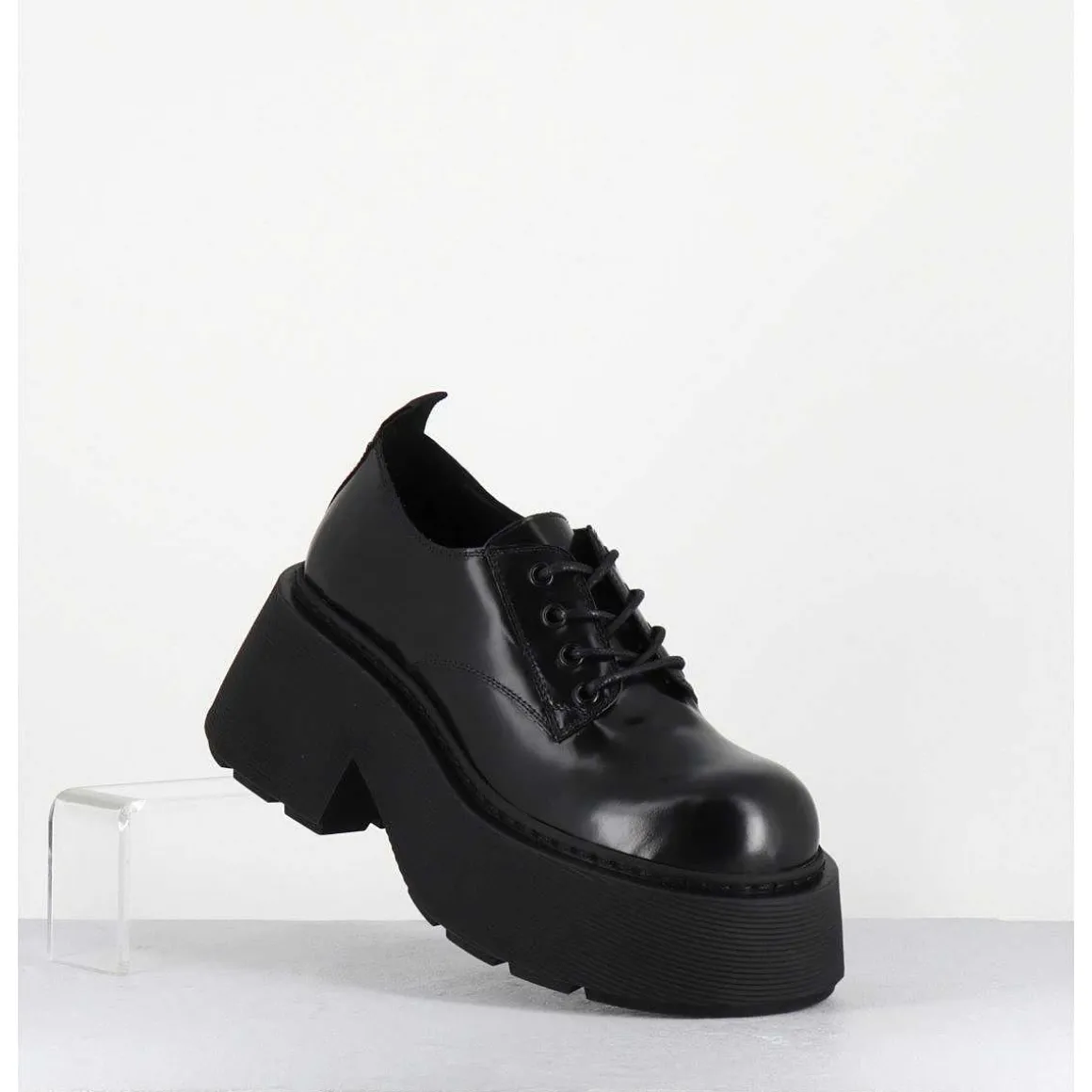 Derbies En Cuir Glace Noir Fume Semelle Epaisse - 1D7702D Buffy Black