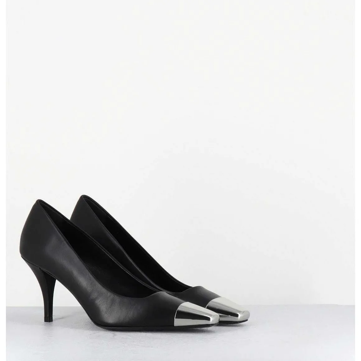 Escarpins En Cuir Noir Talon Fin Bout Argent - Kecha1 Nappa Nera