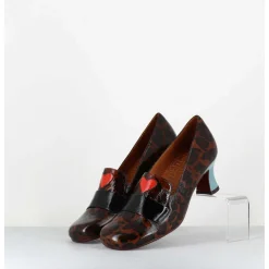 Escarpins Petit Talon Cuir Imprime Leopard Coeur Rouge - Mymara Fiat Castano
