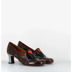 Escarpins Petit Talon Cuir Imprime Leopard Coeur Rouge - Mymara Fiat Castano