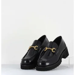 Mocassin En Cuir Noir A Mors Dore & Semelle Micro - 21Jmc30 Nero