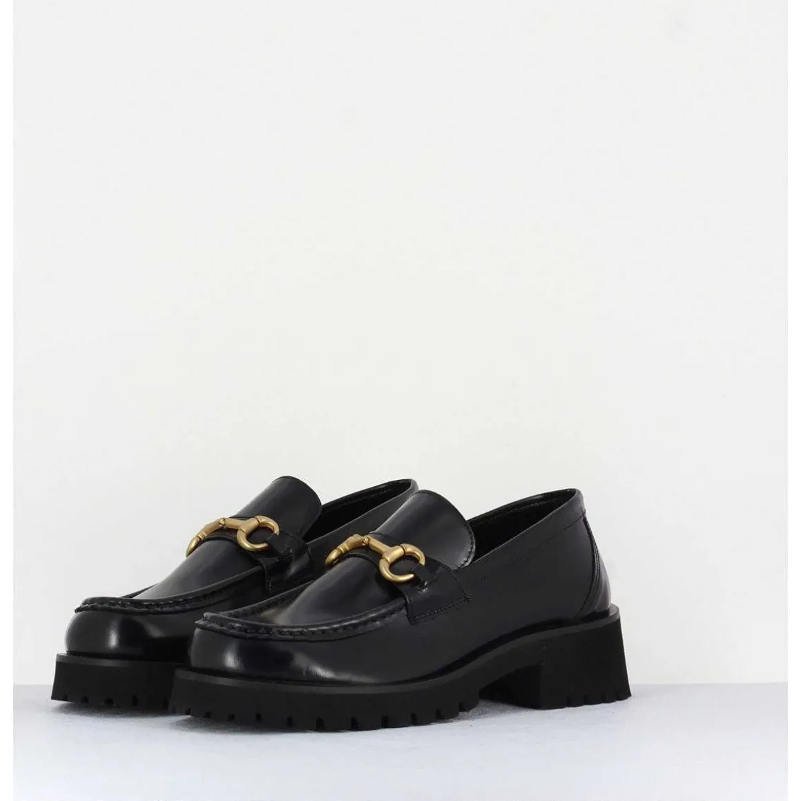 Mocassin En Cuir Noir A Mors Dore & Semelle Micro - 21Jmc30 Nero
